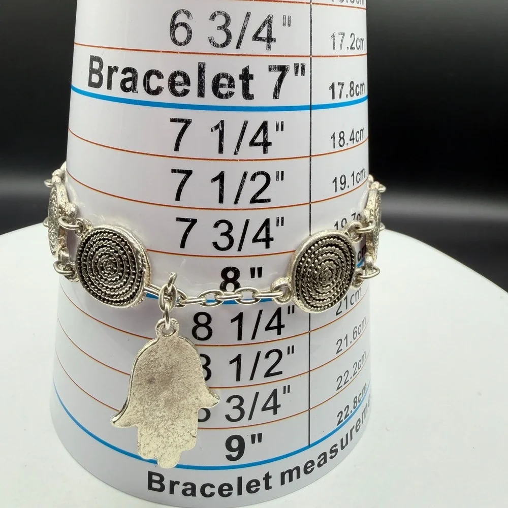 Silver Tone Hamsa Hand Charm Bracelet Spiral Medallion Boho Statement Jewelry
